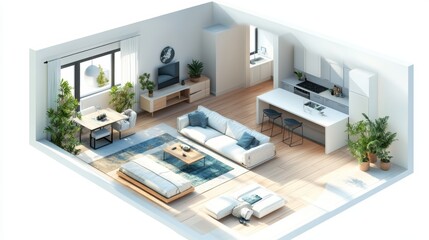 isometric view of a modern apartment interior, featuring a single-floor layout. The design includes a stylish living room with furniture, a accent wall, and an open-plan kitchen and a dining area.
