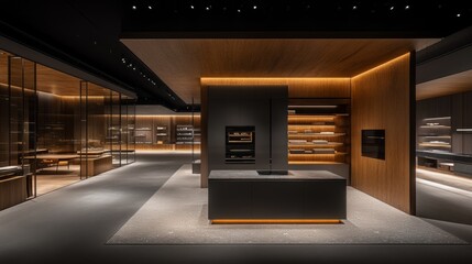 Modern Kitchen Showroom Interior Design with Wood and Glass Elements