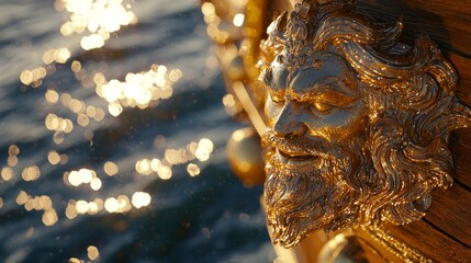 Obraz premium Majestic Mythical Figurehead on Pirate Ship Bow with Sea Spray Glowing in Sunlight