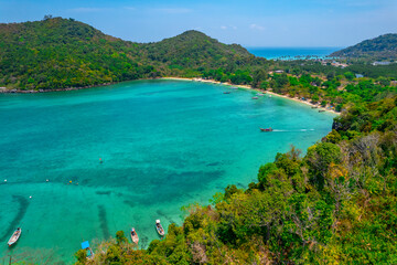 Aerial view landscape of Nui beach in koh Phi Phi Don island, in Krabi, Thailand sunset time