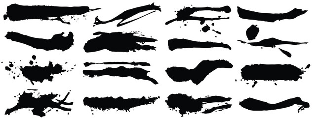 Brush hand drown strokes. Grunge design elements. Long smear text boxes. Dirty texture banners. Ink splatters. Painted objects. Vector paintbrush set