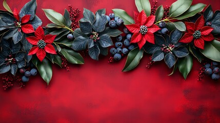 Christmas Floral Border with Red Poinsettia and Berries