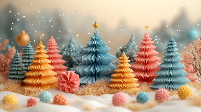Whimsical pastel-colored origami Christmas trees in a snowy winter landscape with falling snowflakes. Generative AI