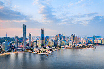 Fototapeta premium Aerial Photography of the Coastal Architecture Complex in Fushan Bay, Qingdao, Shandong Province, China