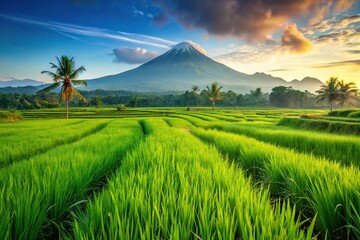 Fototapeta premium Close-up green rice field landscape with Mount Galunggung in background