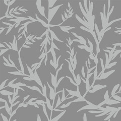 Hand drawn petals pattern. Seamless wavy leaf texture. Fabric print. Provence style wallpaper. Grunge branches and herbs background. Vector 