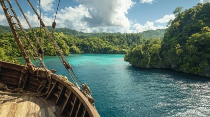 Naklejka premium Mystical Pirate Ship Deck View of Lush Island Paradise with Sparkling Lagoon - Ultra-Detailed Adventure Scene for Exploration Enthusiasts