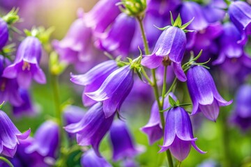 Close-up of vibrant purple bellflowers with soft green background