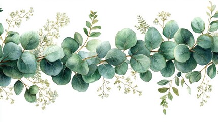 Watercolor Eucalyptus Leaves and Baby's Breath Garland. Generative AI