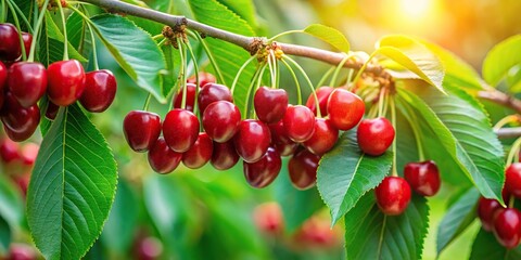 Closeup of green sweet cherry tree branches with ripe fruit