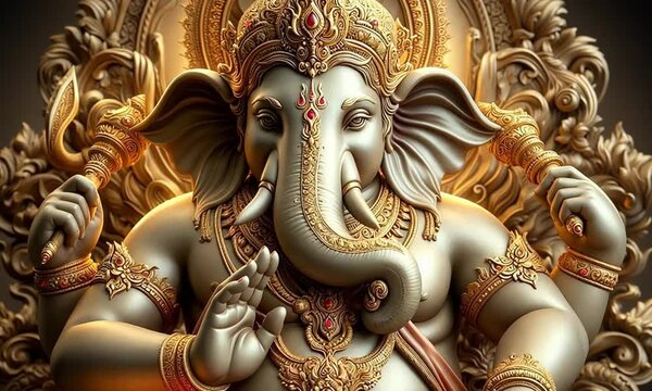 Divine Lord Ganesha: The Remover of Obstacles and Bestower of Wisdom, Gracefully Seated with His Elephant Head and Plump Body, Adorned with Jewels and Holding a Sweet Modak in One Hand