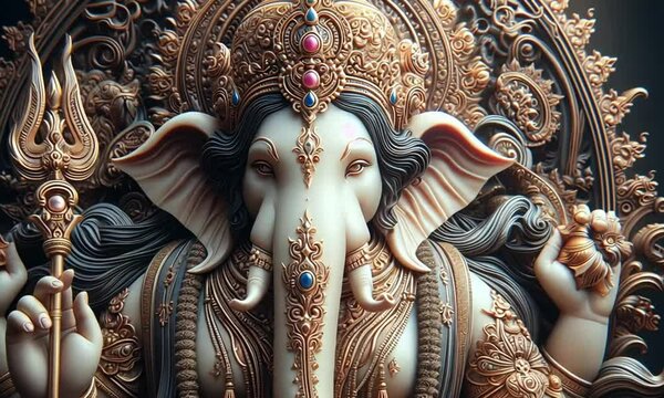Divine Lord Ganesha: The Remover of Obstacles and Bestower of Wisdom, Gracefully Seated with His Elephant Head and Plump Body, Adorned with Jewels and Holding a Sweet Modak in One Hand