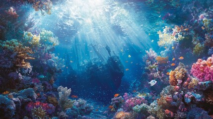 Fototapeta premium Enchanting Underwater Discovery: Pirate Shipwreck Amid Colorful Coral Reef and Schools of Fish in Ethereal Light