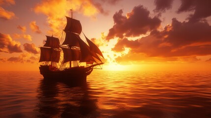 Obraz premium Majestic Pirate Ship Sailing into Vibrant Sunset with Billowing Sails - Ultra-Detailed Nautical Scene with Dramatic Lighting and Ocean Reflections