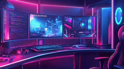 Obraz premium A digital illustration of a gaming rig with curved monitors, an RGB mouse, and dynamic neon lights, exuding a futuristic vibe
