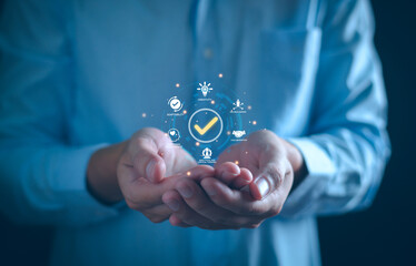 Soft skills HR concept. Business man with icons of soft skills, emotional intelligence, creativity, collaboration, adaptability, decision making and analytical thinking. Soft skills business training