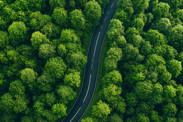 Aerial View of Winding Road Through Lush Green Forest