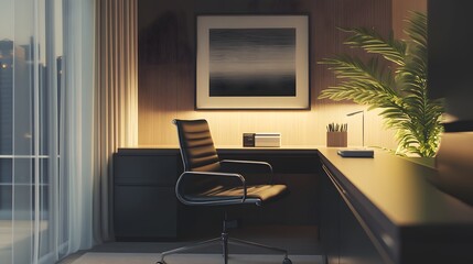 235. Clean workspace with a sleek black chair, small plant, and neutral tones