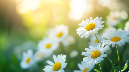 White Daisy flowers blossom field blur nature background selective focus
