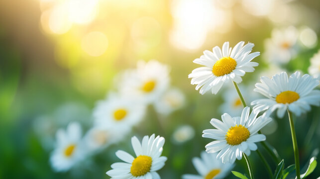 White Daisy flowers blossom field blur nature background selective focus