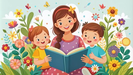 Charming vector art depicts a mother engaging her children in a story, enveloped by blooming flowers, celebrating the