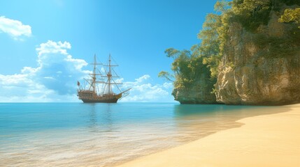 Pirate Ship Anchored at Picturesque Beach with Golden Sands and Crystal-Clear Water, Promising New Adventures for Crew, Ultra-Detailed