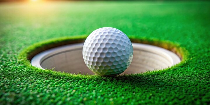 Closeup of white golf ball in cup on putting green