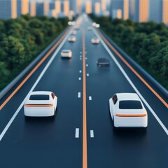 Fototapeta premium Autonomous vehicles on smart roads with AI-driven traffic systems, futuristic city environment, sci innovation, self-driving technology