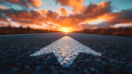 Asphalt road leading to the horizon with an arrow marking the way sunrise in the background creating a dramatic and motivational atmosphere. Perfect for travel and motivational themes.. Generative AI