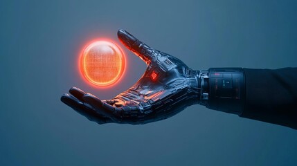 Cybernetic human hand holding a glowing holographic interface, blending technology and biology, sci innovation, cybernetics