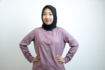 Young Asian, Indonesian woman wearing purple shirt and black headscarf smiling, cheerful, confident, successful, businesswoman, corporate lawyer, working in office. Isolated on white background