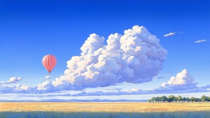 Obraz premium Pink Hot Air Balloon Flying Over Field with Fluffy Clouds and Blue Sky