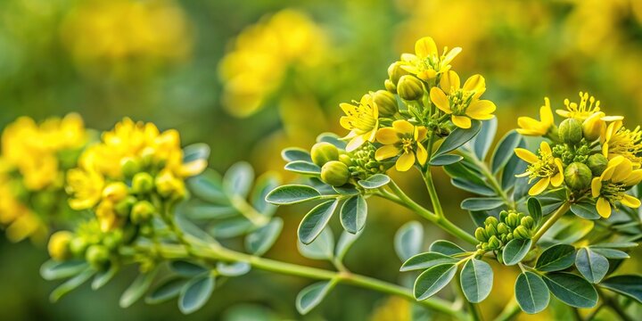Close-up of wild rue, Syrian rue, African rue, Esfand, or harmel flower in a panoramic view