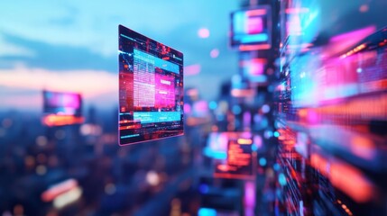 Obraz premium Floating holographic billboards in a futuristic city, sci-fi advertising technology
