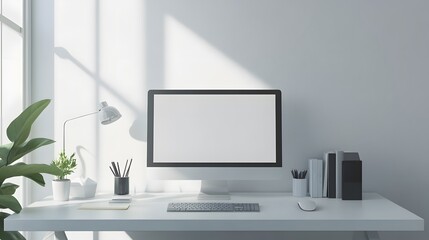66. Minimalist desk setup with a computer and minimal stationery in a modern room