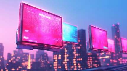 Floating holographic billboards in a futuristic city, sci-fi advertising technology