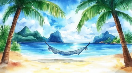 Fototapeta premium Tropical Beach Paradise Hammock Watercolor Illustration