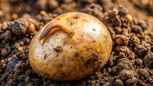 Close-up of wireworm trying to crawl out of potato