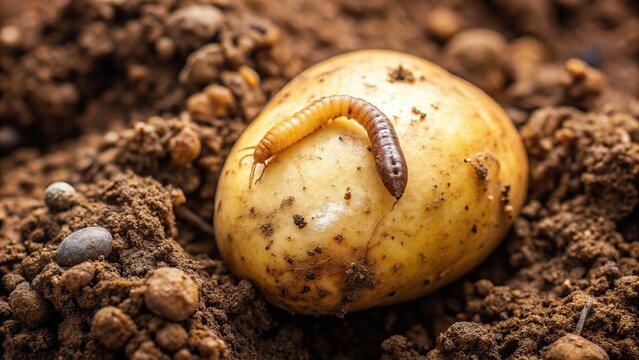 Close-up of wireworm on potato