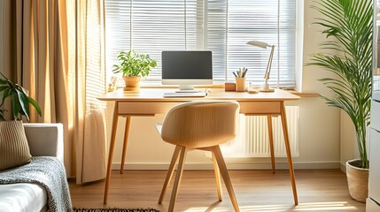76. Bright and organized home office with a clean desk and small plant