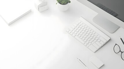 85. White desk setup with a computer and minimal stationery in a bright workspace