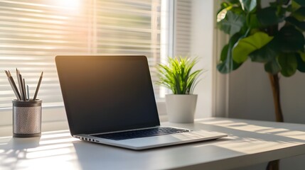 91. Clean office desk with a laptop and small plant for a minimalist feel