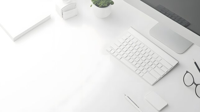 85. White desk setup with a computer and minimal stationery in a bright workspace