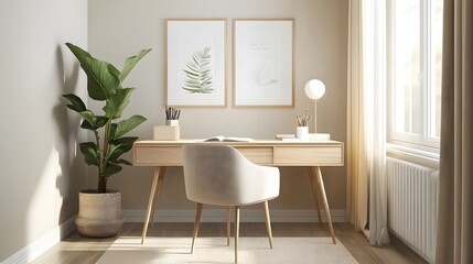 97. Clean home office with a simple desk, small plant, and modern decor