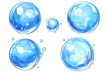 A collection of various-sized blue bubbles with a shiny, reflective surface.