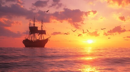 Majestic Pirate Ship Silhouette at Vibrant Sunset Over Calm Ocean with Seagulls Flying - Ultra-Detailed Seascape