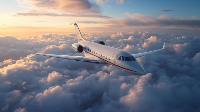 Private jet flying above the clouds during sunset capturing luxury travel at its finest with golden skies and smooth flight. Generative AI - Powered by Adobe