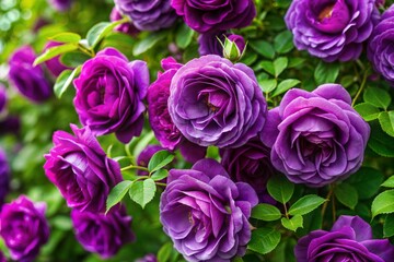 Purple roses in full bloom close-up with green leaves