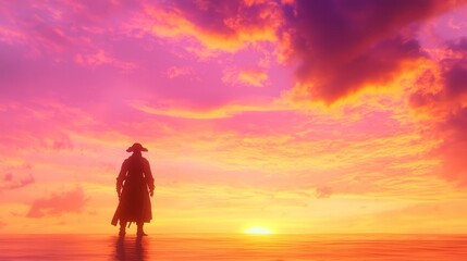 Obraz premium Serene Sunset Beach: Lone Pirate Silhouette Embarking on Adventure at Dusk