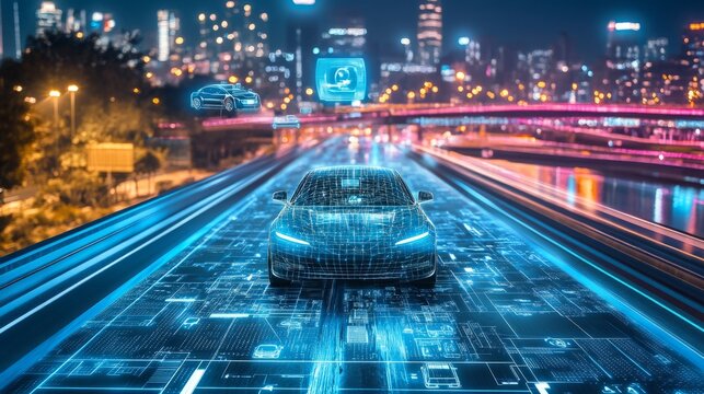 Futuristic self-driving car on a glowing smart road, with floating holograms offering real-time traffic insights and AI instructions, under vibrant city lights